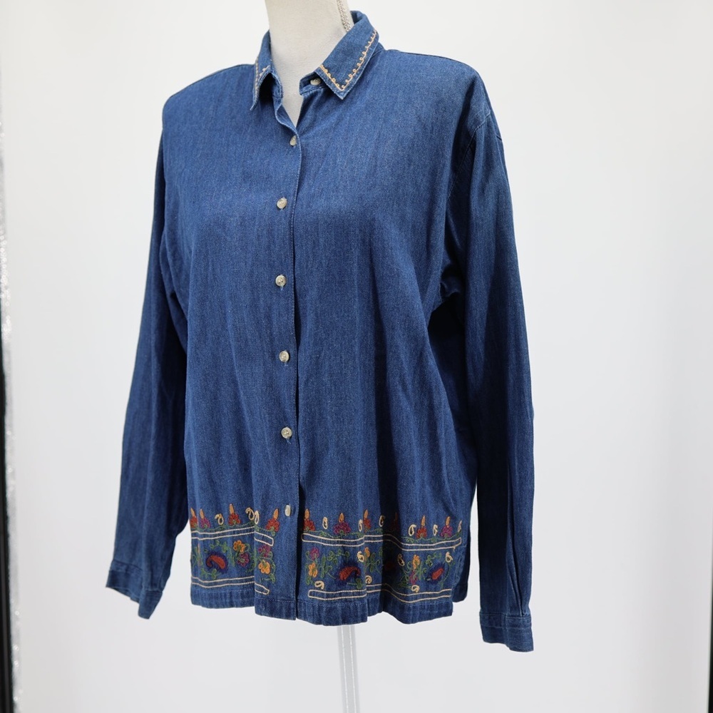Maggie & Max Embroidered Denim Shirt Womens L Floral Button Up Western Vintage B